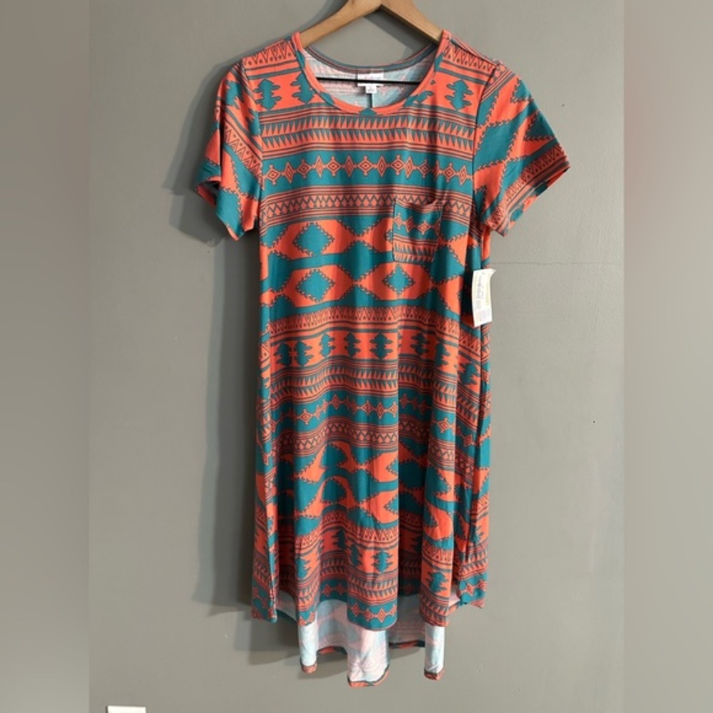 LulaRoe Carly Dress | Coral &‎ Teal Aztec
